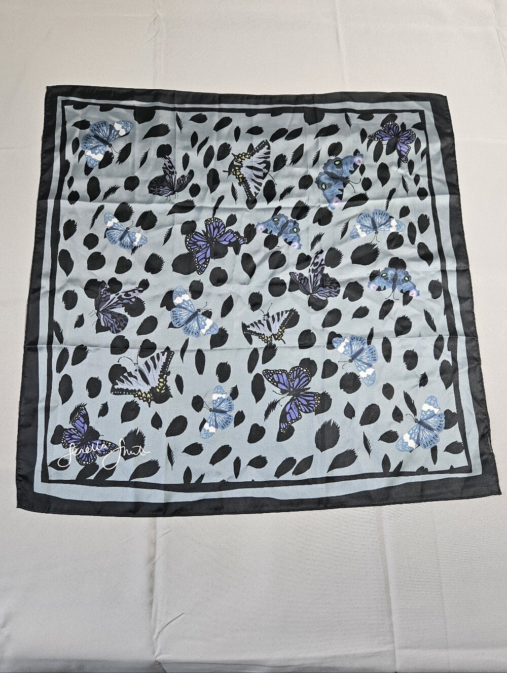 Fenella Smith Whymsy Butterfly Blue Black Satin Square Scarf Signed Bag Charm